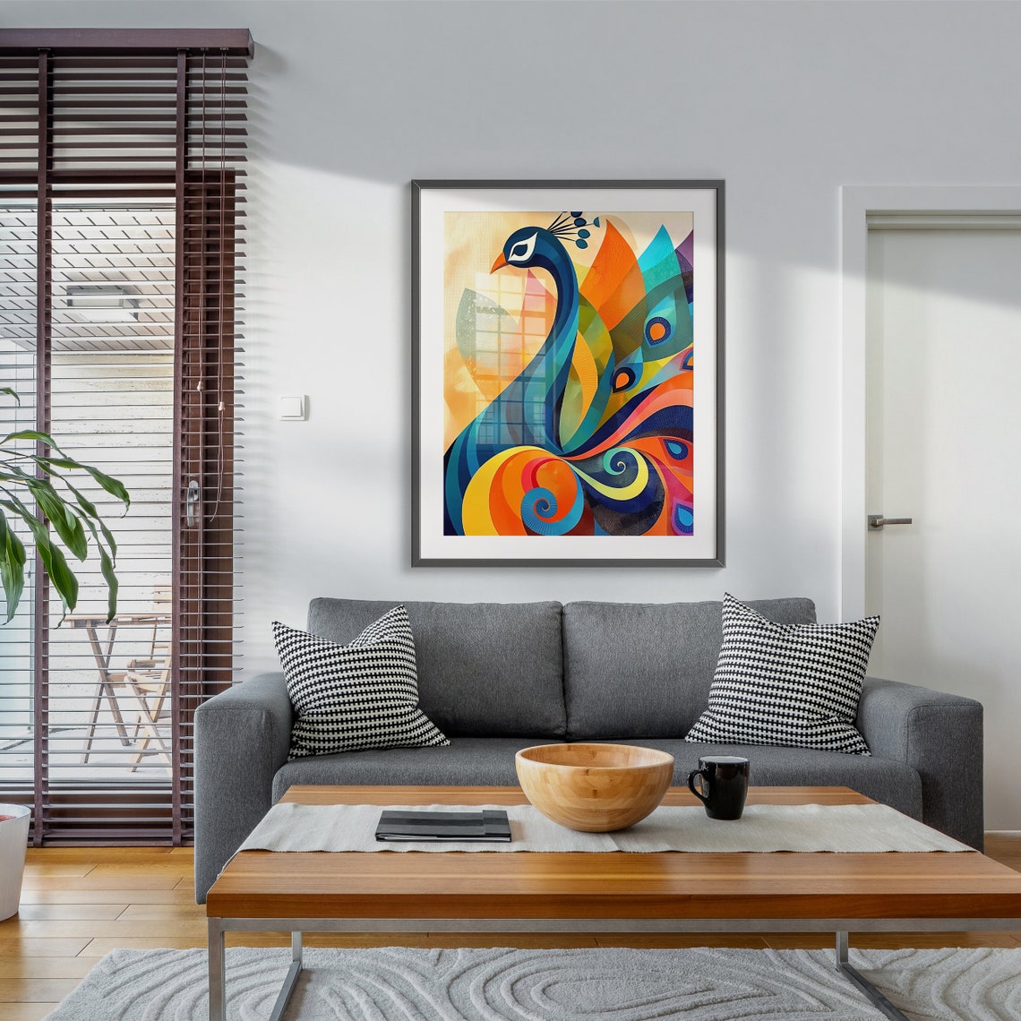 Stylized Peacock in Rainbow Geometric Colors Design Wall Print - Image 6