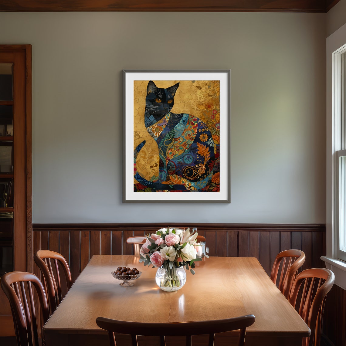 Midnight Blue Mosaic Cat with Floral Patterns on Gold Poster - Image 3