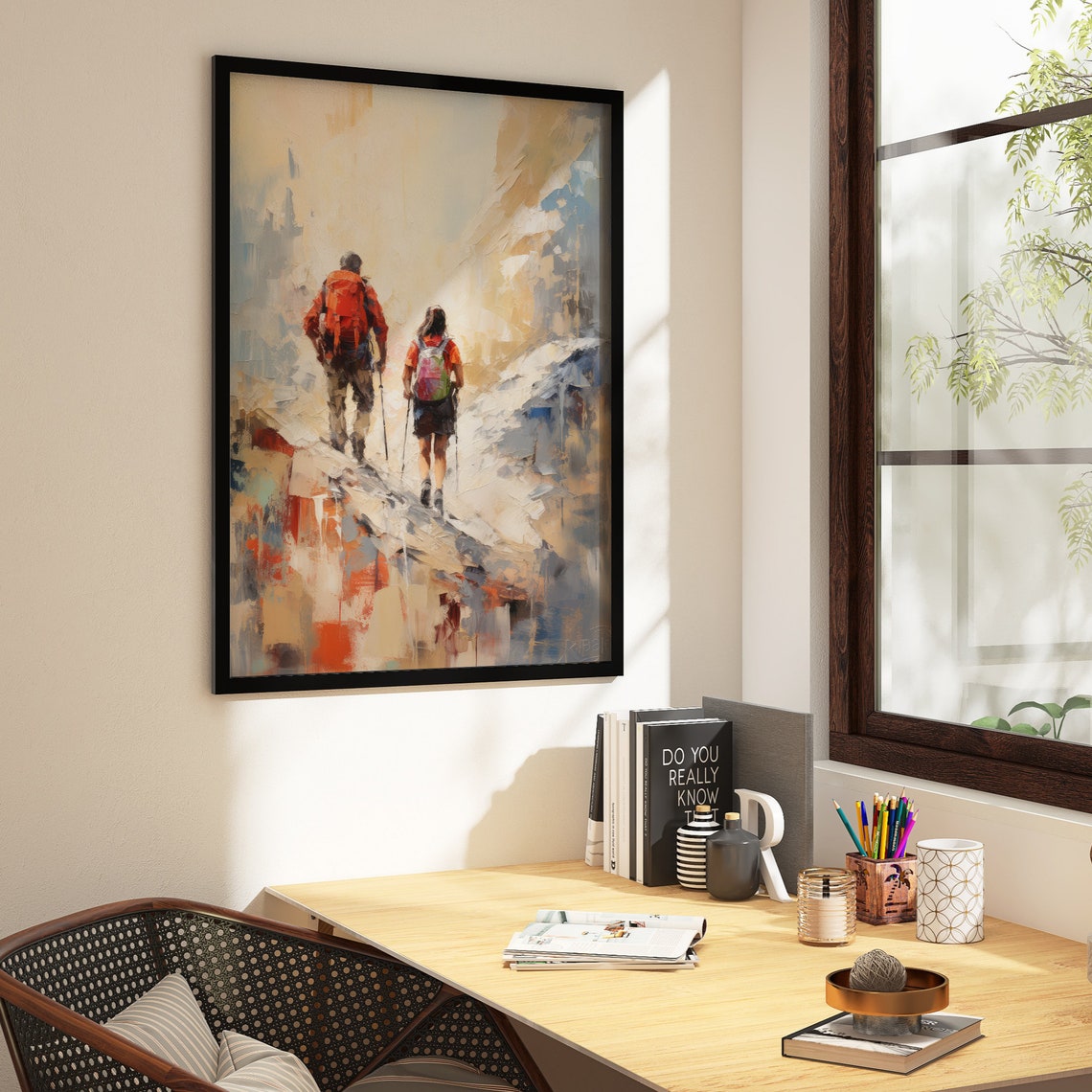 Two Hikers Climbing a Misty Mountain Trail Impressionist Art Poster - Image 3