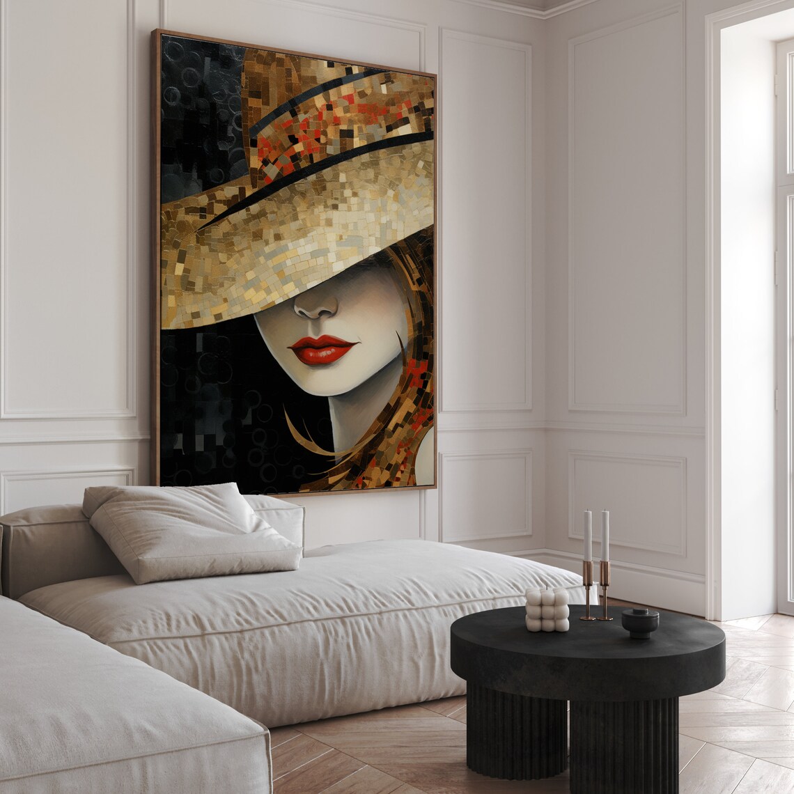 Mosaic Woman in Wide Hat with Red Lips Art Deco Style Poster - Image 6