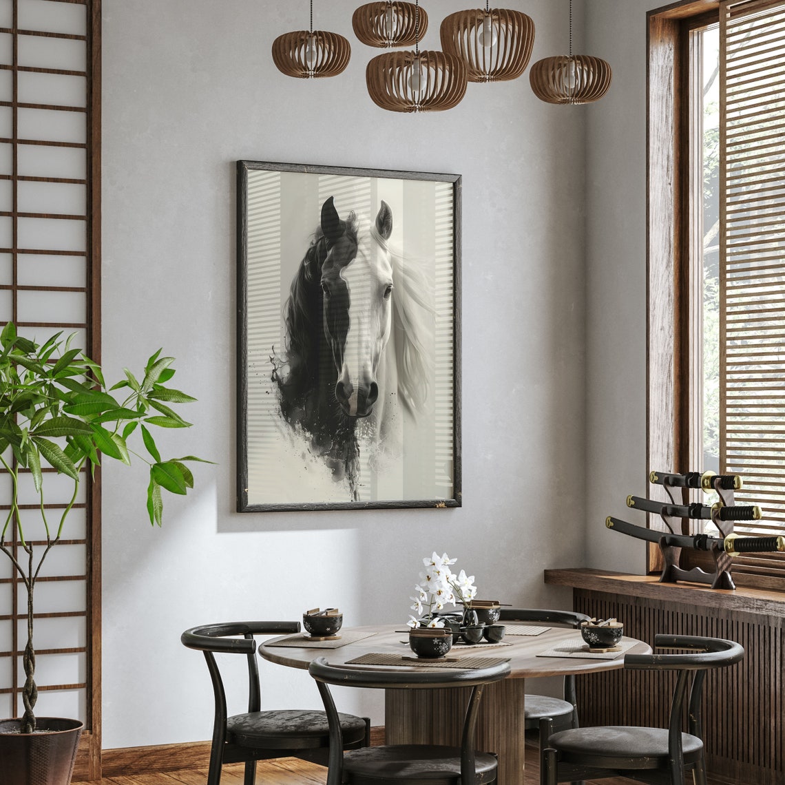 Black and White Split Horse Portrait Dramatic Equine Art Poster - Image 4