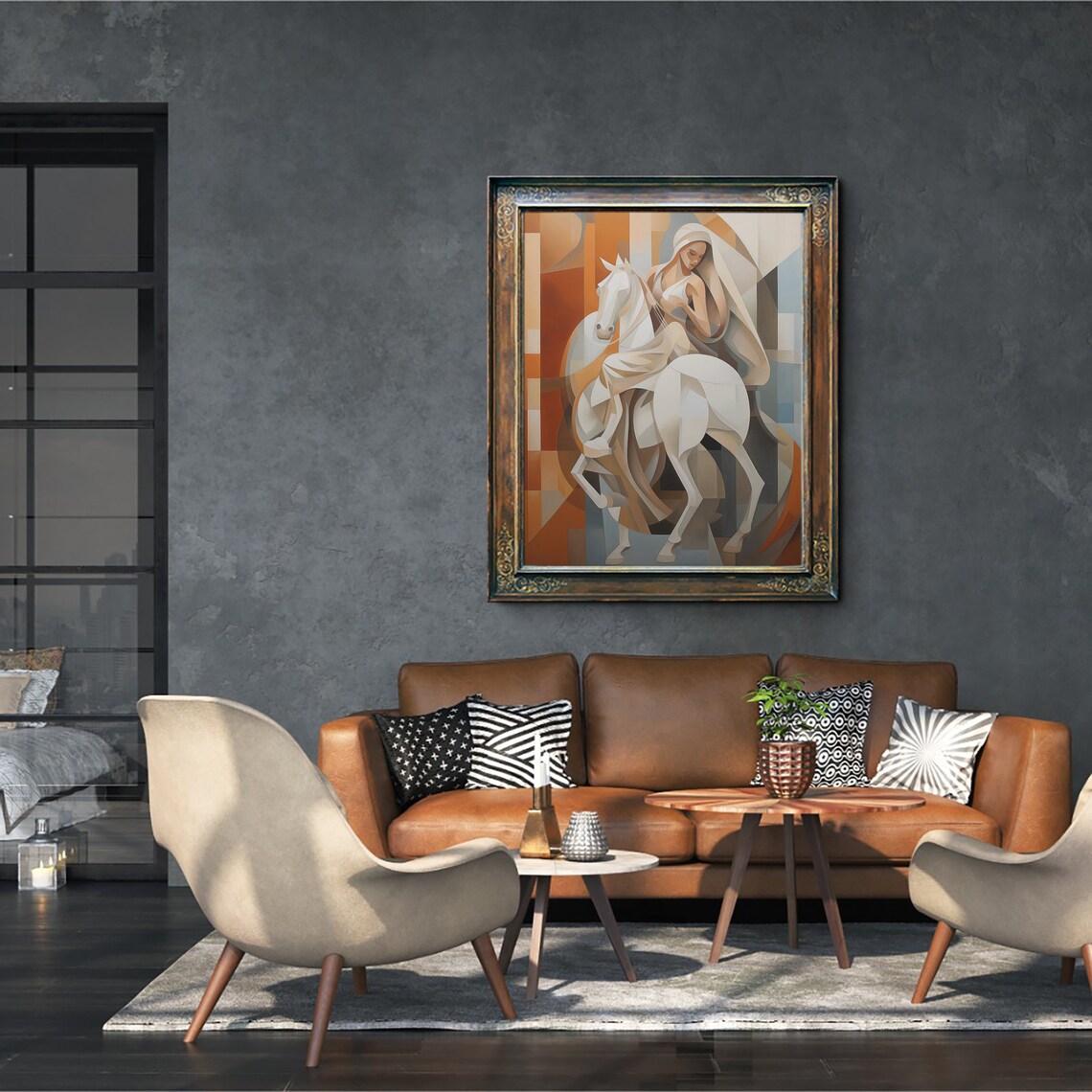 Woman Embracing White Horse Cubist Style Warm Earth Tones Poster - Image 5