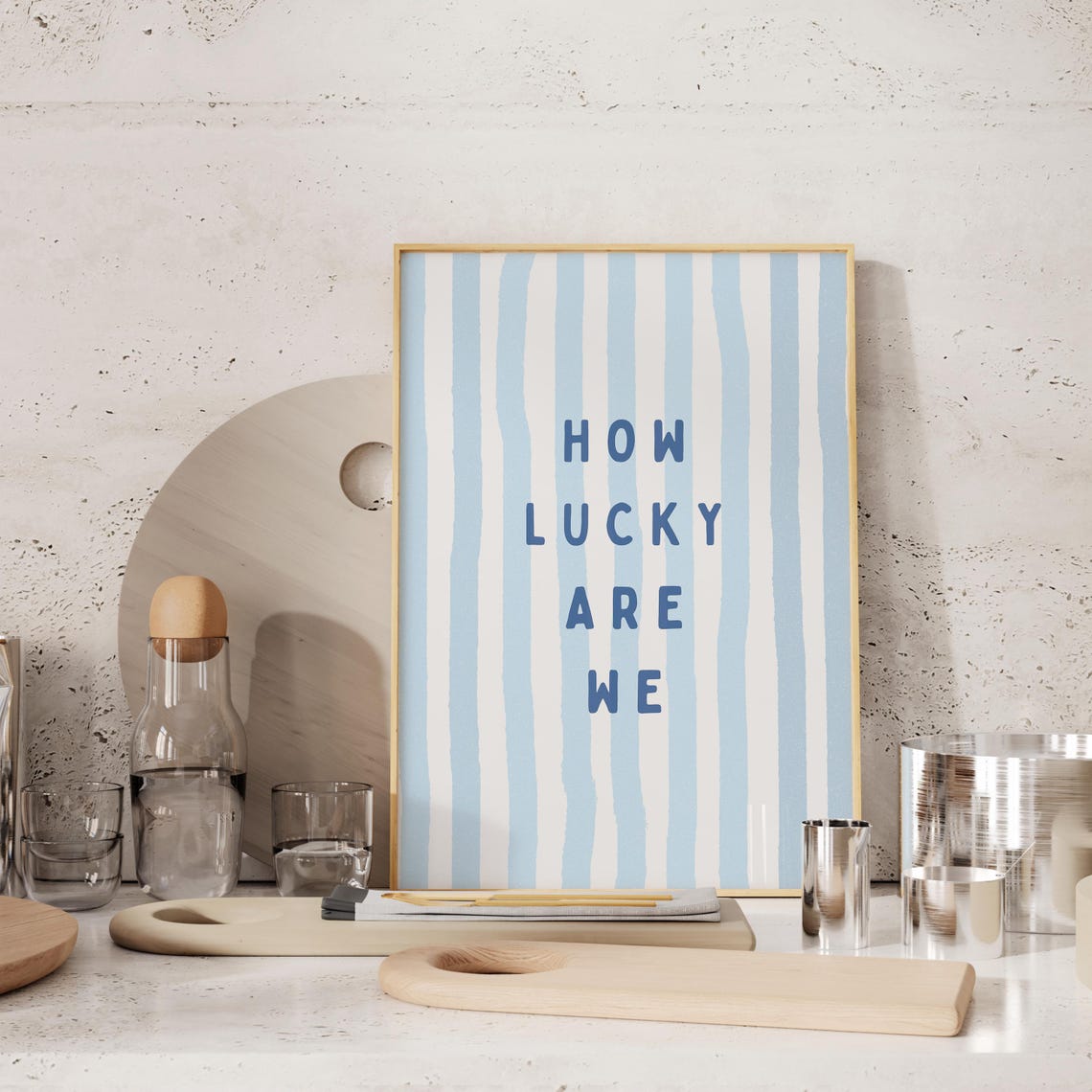 How Lucky Are We Blue Watercolor Striped Typography Navy Quote Poster - Image 2