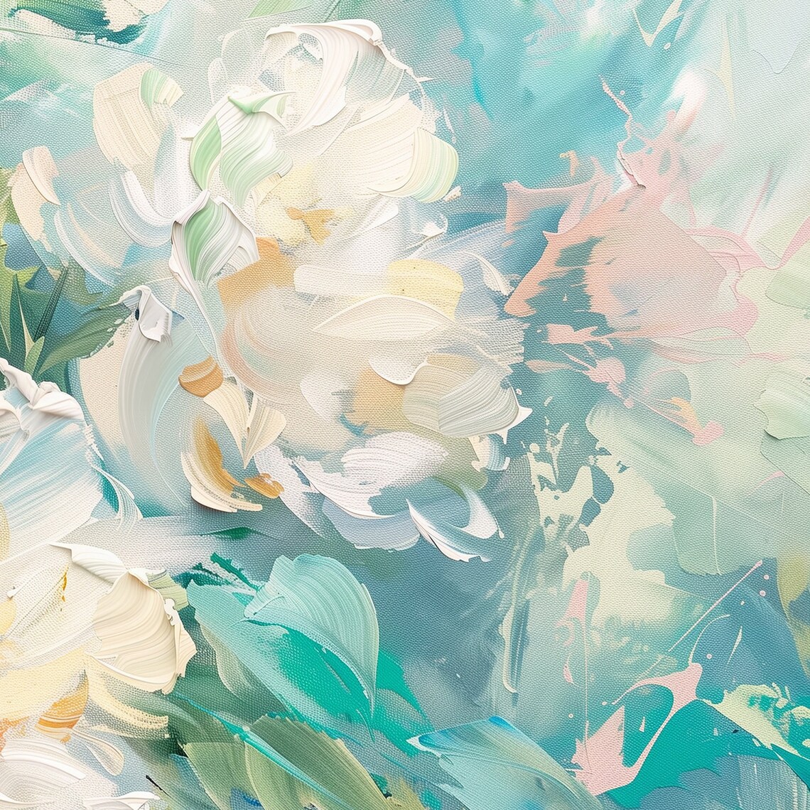 White Blossom Impasto Floral Teal Green Pink Modern Painting Wall Art - Image 6