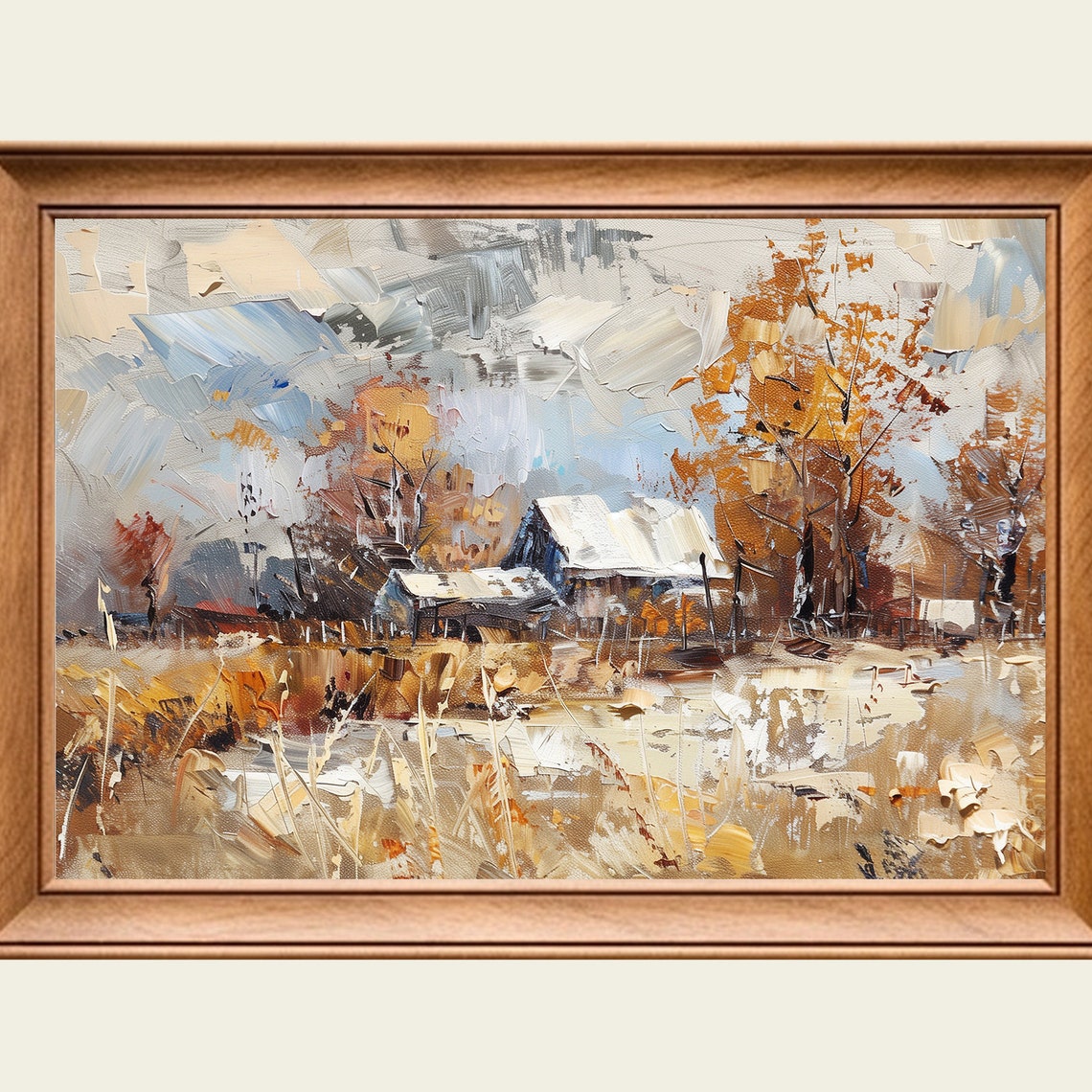 Snowy Rustic Barn Autumn Farm Landscape Vintage Oil Painting Wall Art