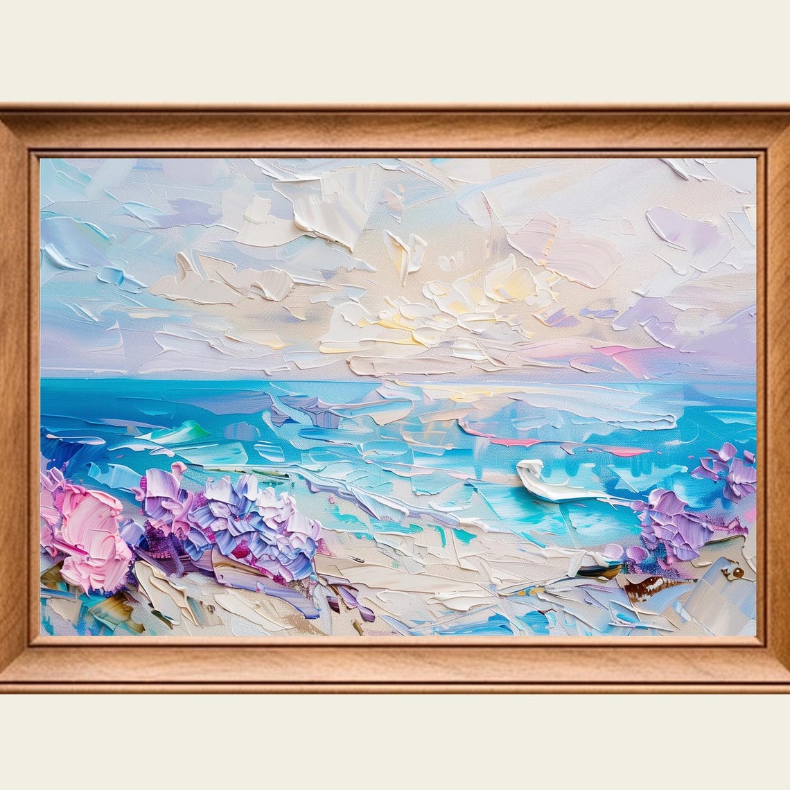 Pastel Beach Scene Ocean Waves Flowers Dreamy Coastal Art Poster