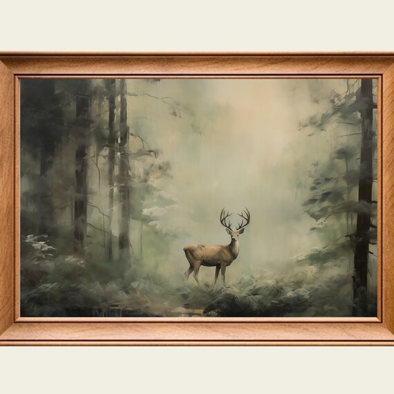 Misty Forest Stag Deer Wildlife Vintage Oil Painting Wall Art Print