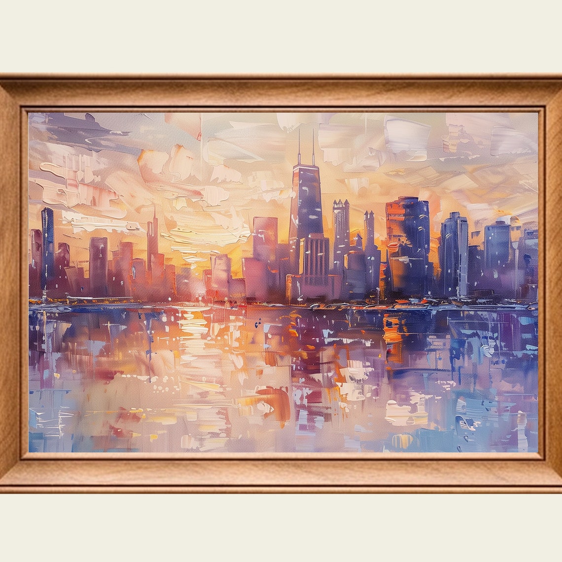 Chicago Skyline Sunset Reflection Lake Impressionist Painting Wall Art