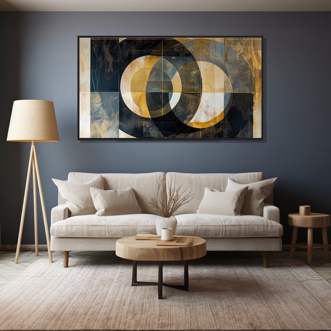 Black Gold Interlocking Circles Dark Moody Modern Abstract Wall Art - Image 4