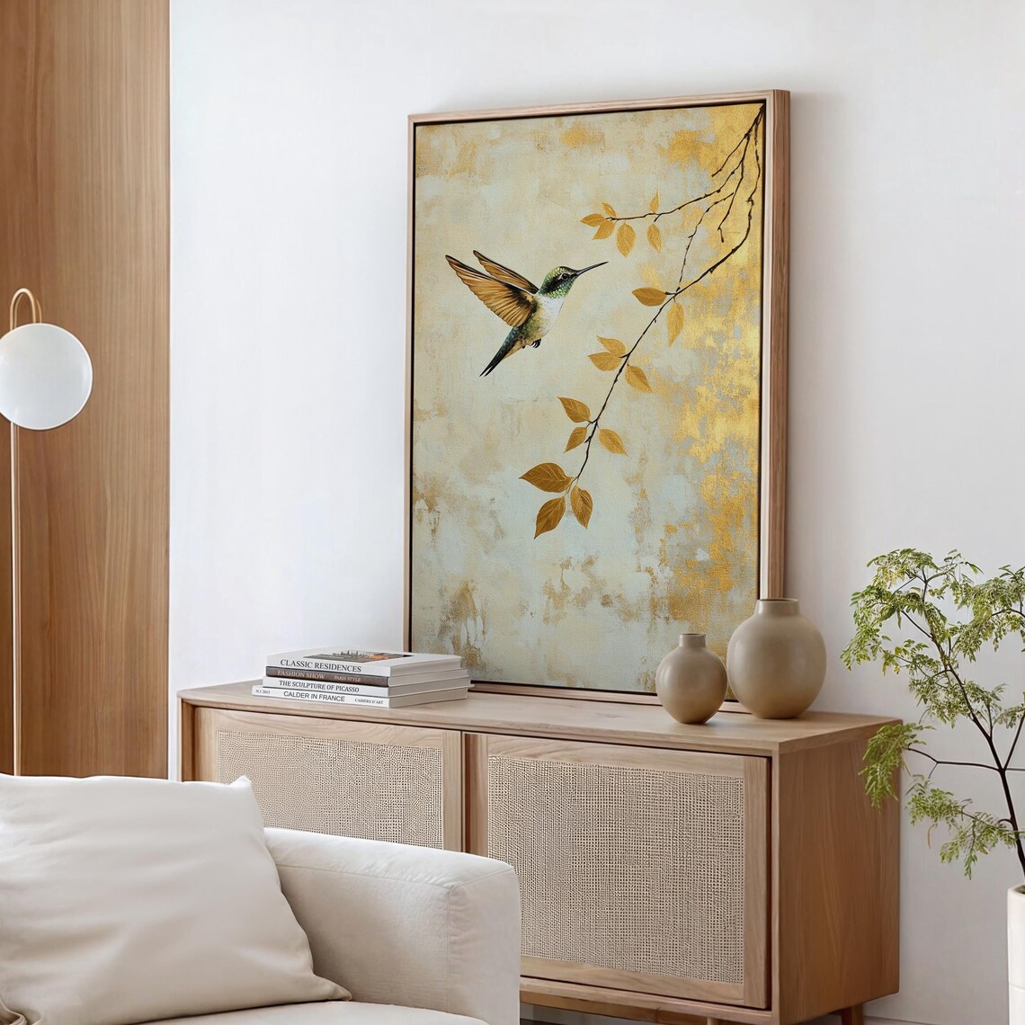 Hummingbird and Gold Leaf Minimalist Nature Art Print