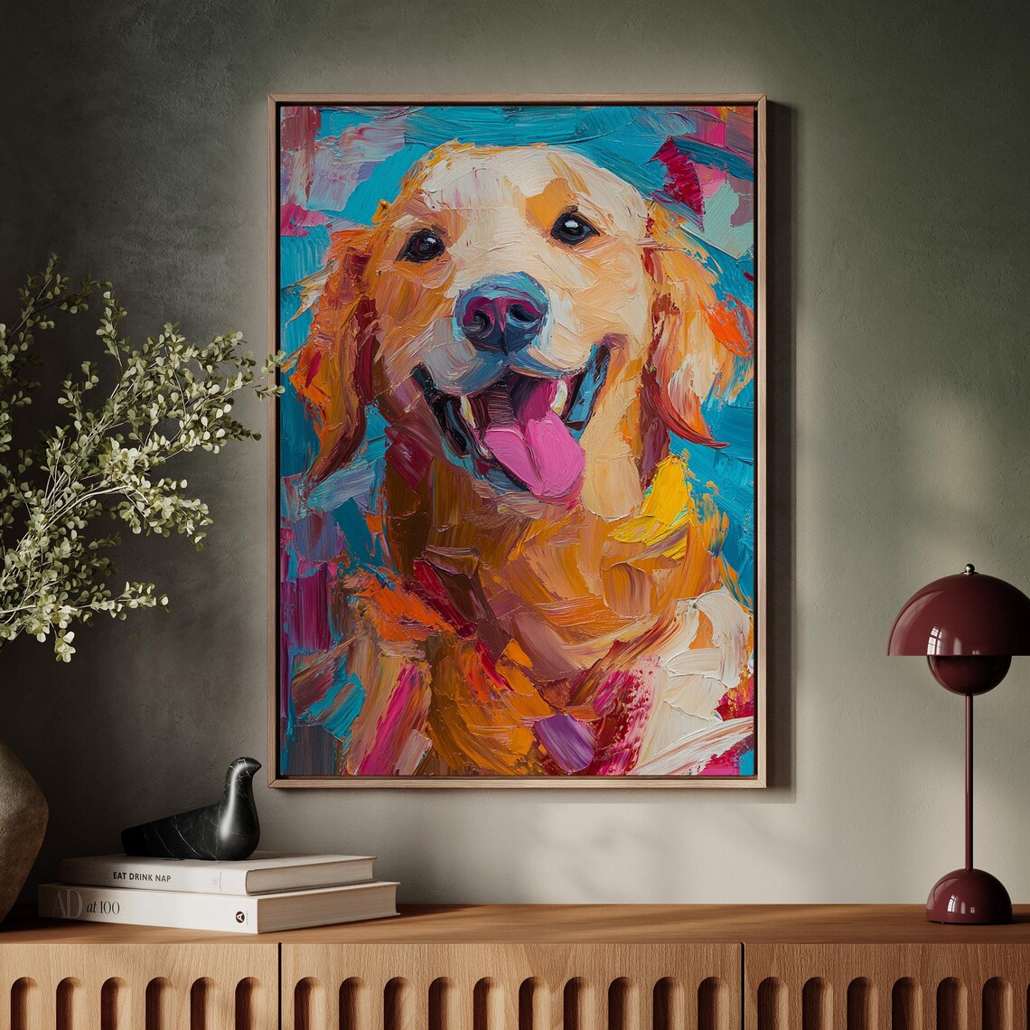 Golden Retriever Smiling Face Vibrant Textured Oil Painting Wall Art