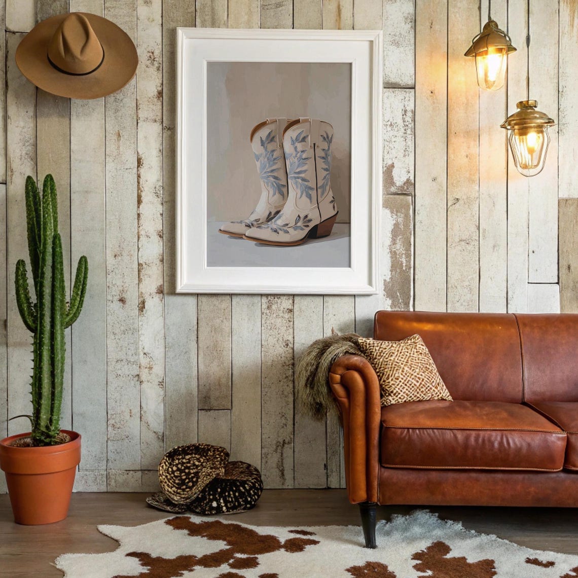 White Cowboy Boots Blue Floral Embroidery Minimalist Wall Art