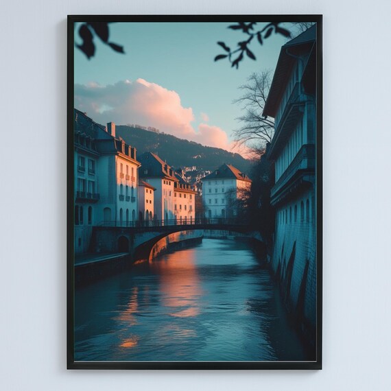 Montreux Switzerland Sunset Bridge Scene Moody Urban Landscape Art Poster