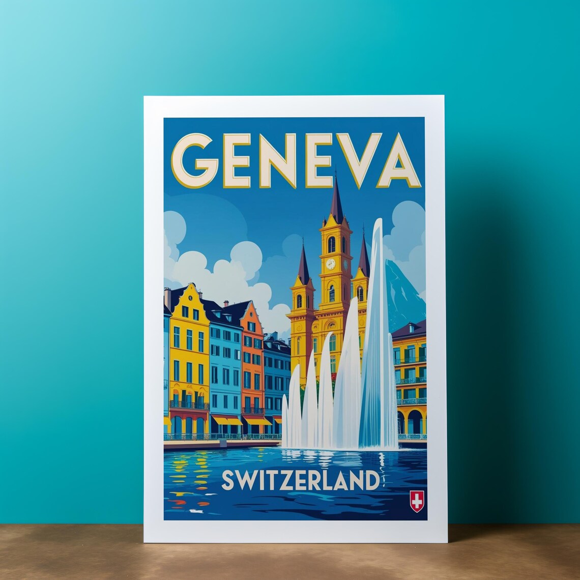 Geneva Switzerland Retro Travel Poster Jet Fountain Vintage Landmark