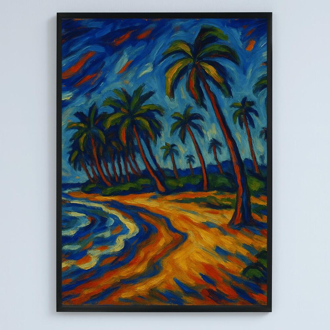 Expressionist Palm Beach Blue Orange Sunset Oil Painting Poster