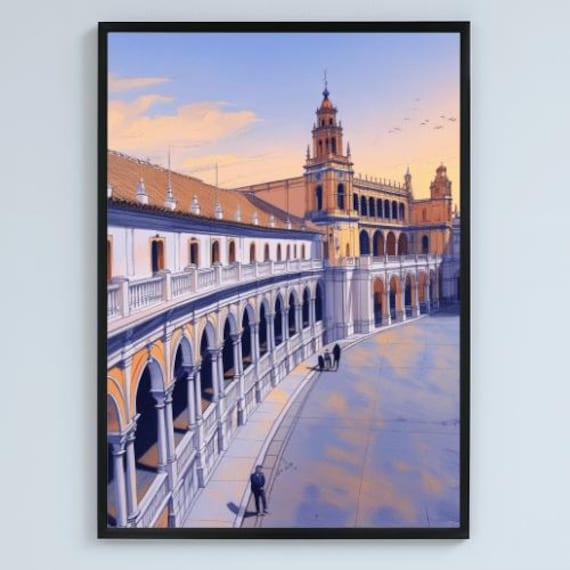 Seville Spain Plaza de Espana Arches Sunset Landmark Travel Poster