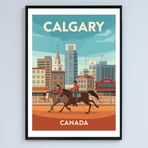 Calgary Canada Vintage City Illustration Print Western Horseback Scene Poster
