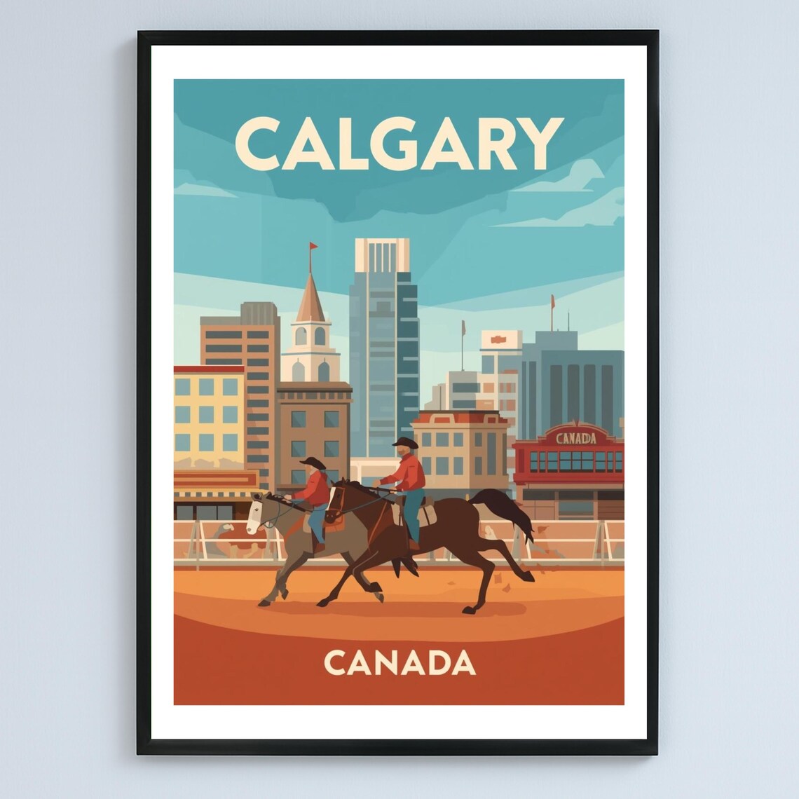 Calgary Canada Vintage City Travel Cowboy Rodeo Scene Poster