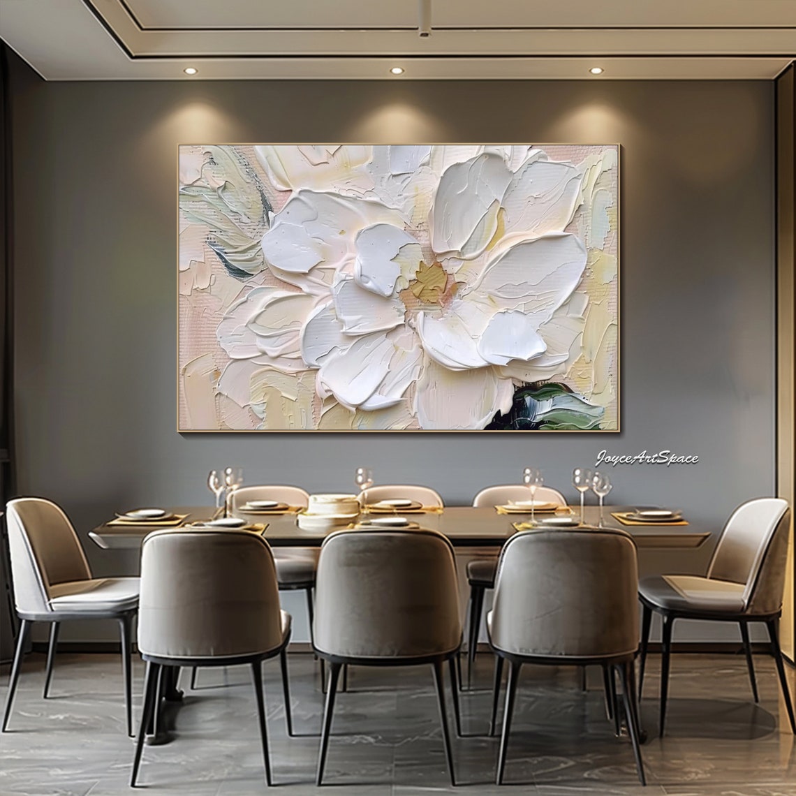 White Flower Close Up Soft Cream Pink 3D Impasto Floral Wall Art - Image 3