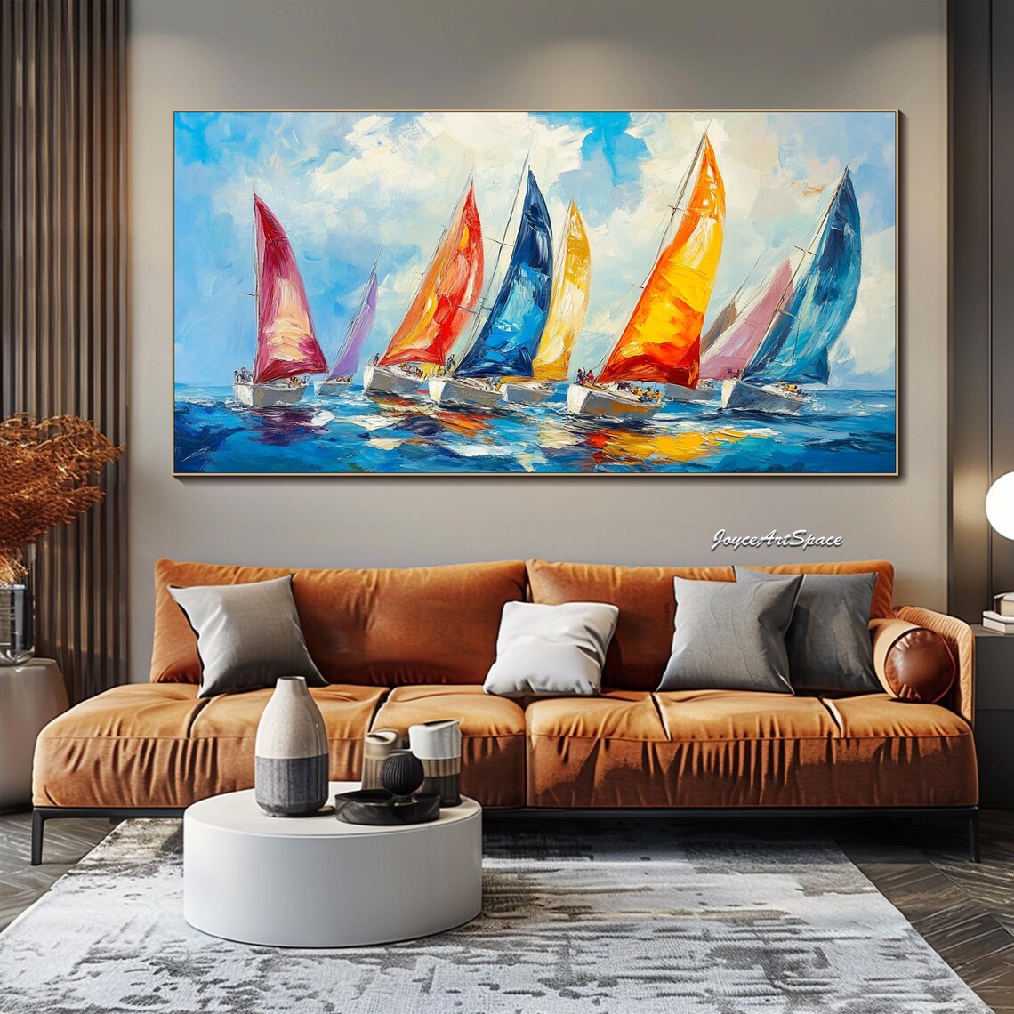 Colorful Sailboat Regatta Oil Painting Vibrant Sails Blue Sea Nautical Wall Art - Image 2