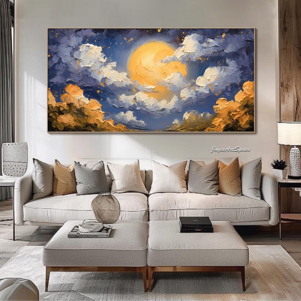 Golden Moonlit Starry Night Clouds Abstract 3D Impasto Wall Art - Image 2