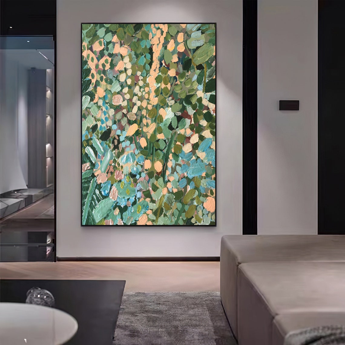 Abstract Green Jungle Leaves Blue Peach 3D Textured Wall Art - Image 5