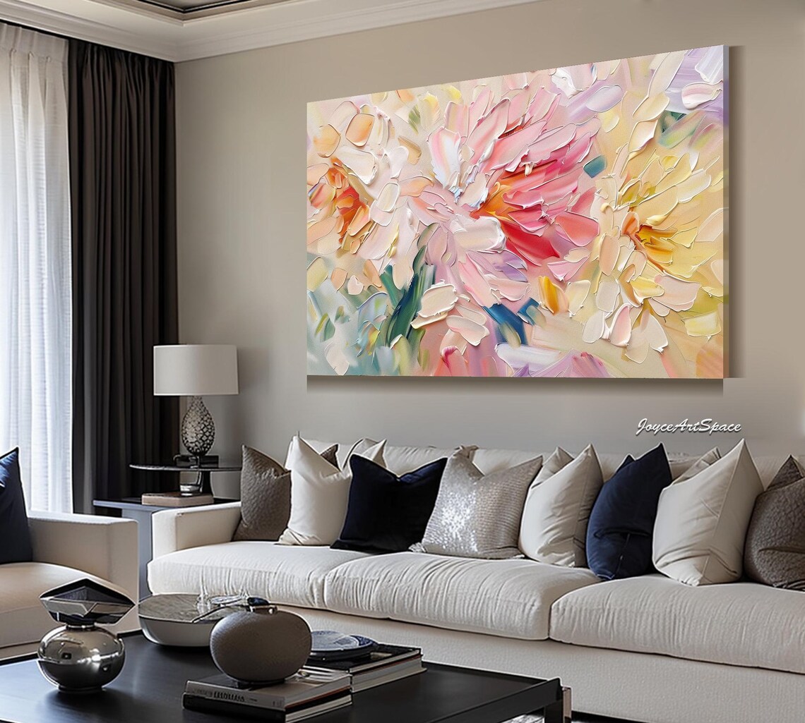 Pink Peach Blossom Petals Textured 3D Abstract Floral Oil Poster - Image 3