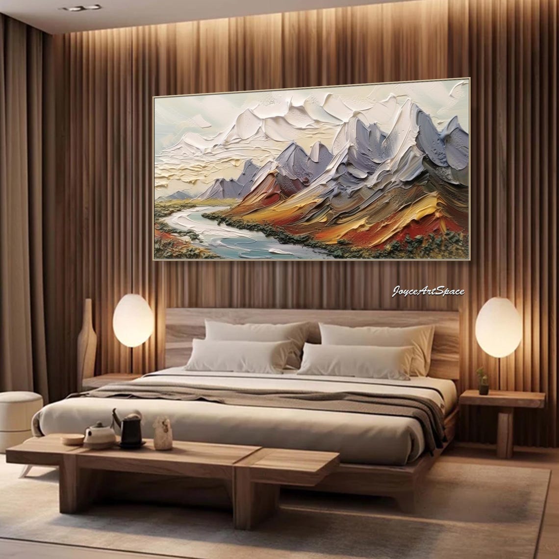 Abstract Mountain Range Rust Ochre Peaks River Palette Knife Wall Art - Image 2