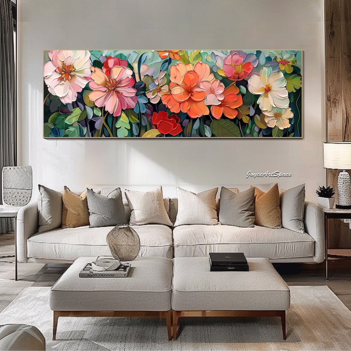 Pink Orange Panoramic Blossom Garden Textured 3D Floral Art Poster - Image 3