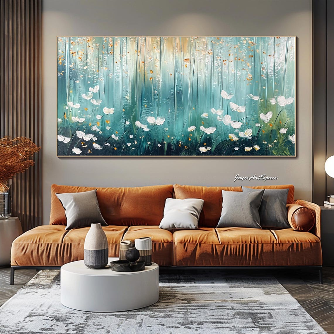 Teal Forest White Flowers Abstract 3D Textured Impasto Wall Art - Image 4