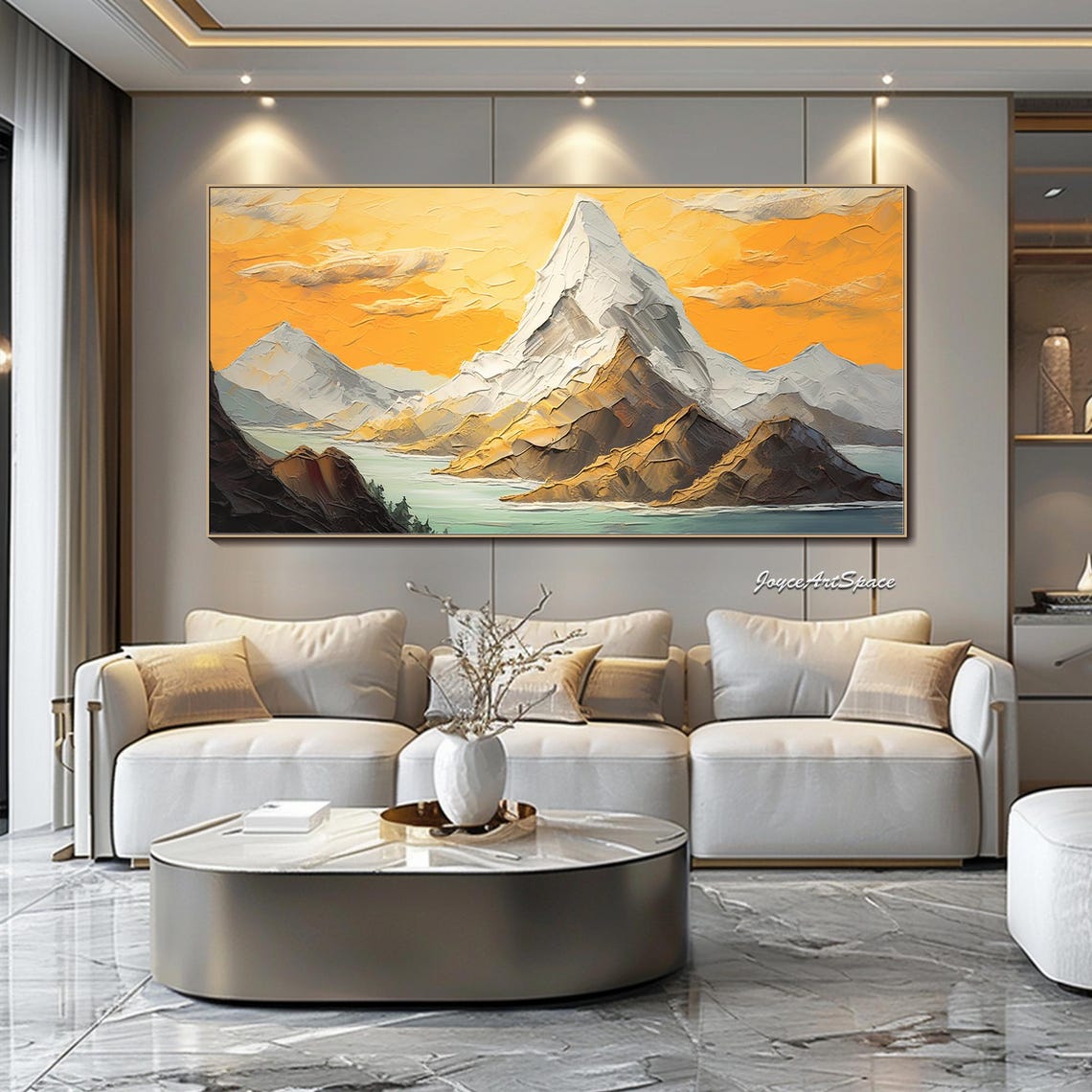 Snowcapped Mountain Golden Sunset Lake View 3D Impasto Wall Art - Image 2