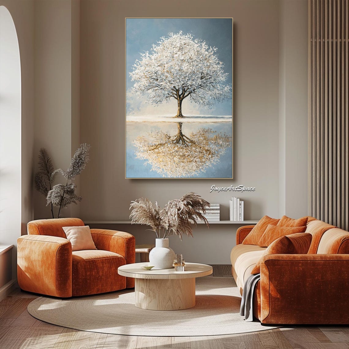 White Blossom Tree Water Reflection Serene Textured 3D Art Poster - Image 5