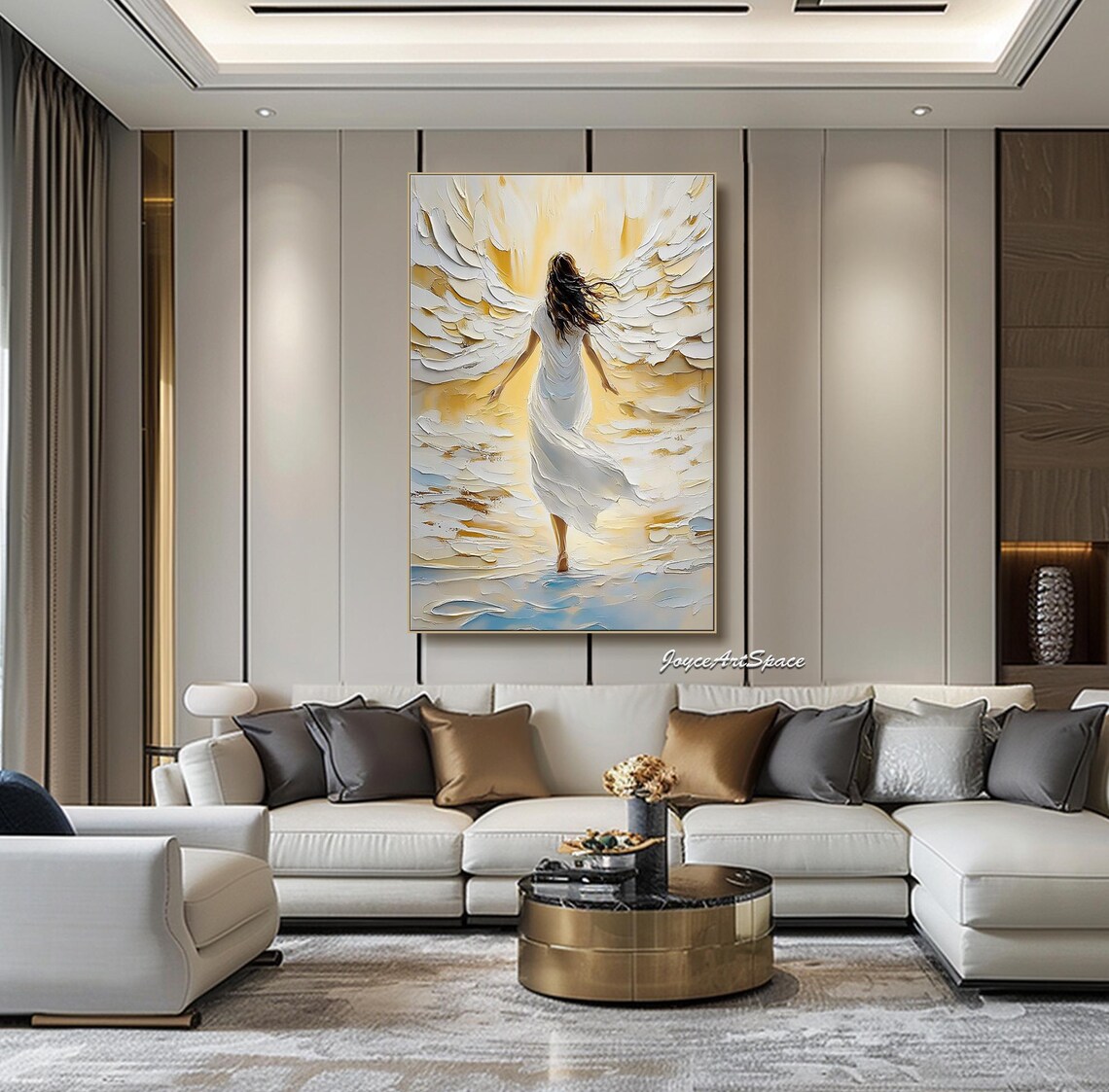 White Winged Angel Woman Golden Heavenly Light 3D Impasto Poster - Image 3