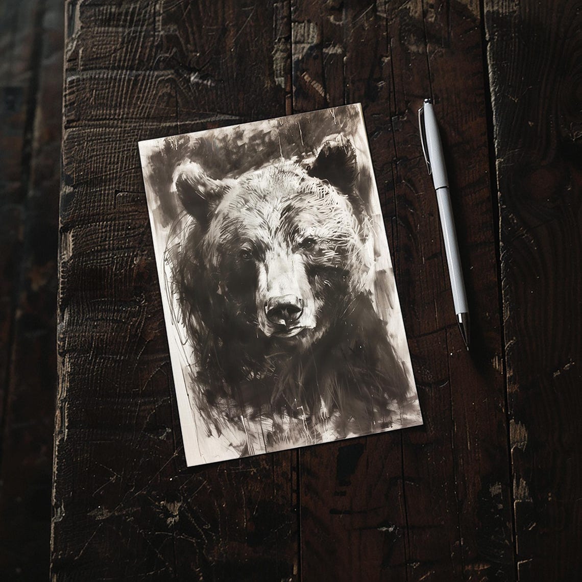 Black Bear Portrait In Charcoal Sketch Rustic Cabin Art Print - Image 2