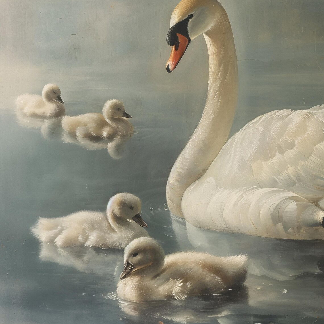 White Swan with Cygnets Gliding Across Misty Water Vintage Poster - Image 2