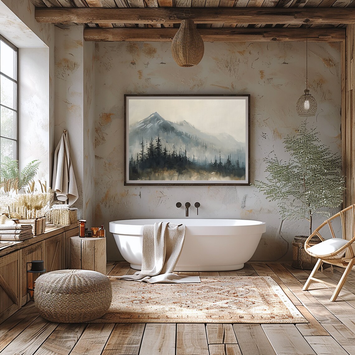 Misty Mountain Pines in Soft Fog Monochrome Landscape Oil Poster - Image 2