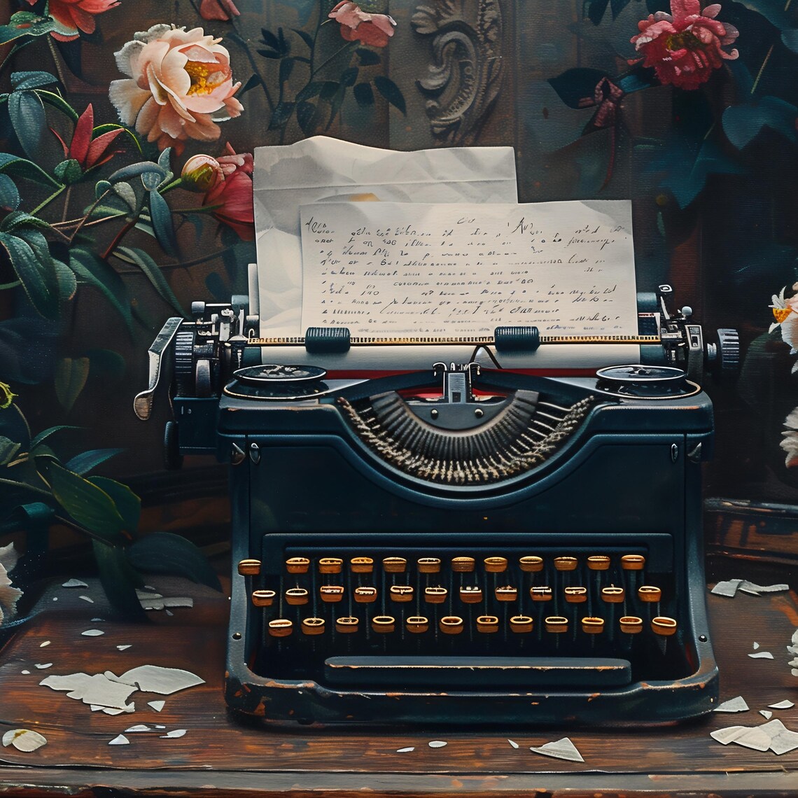 Antique Typewriter Among Climbing Roses on a Wooden Desk Poster - Image 2