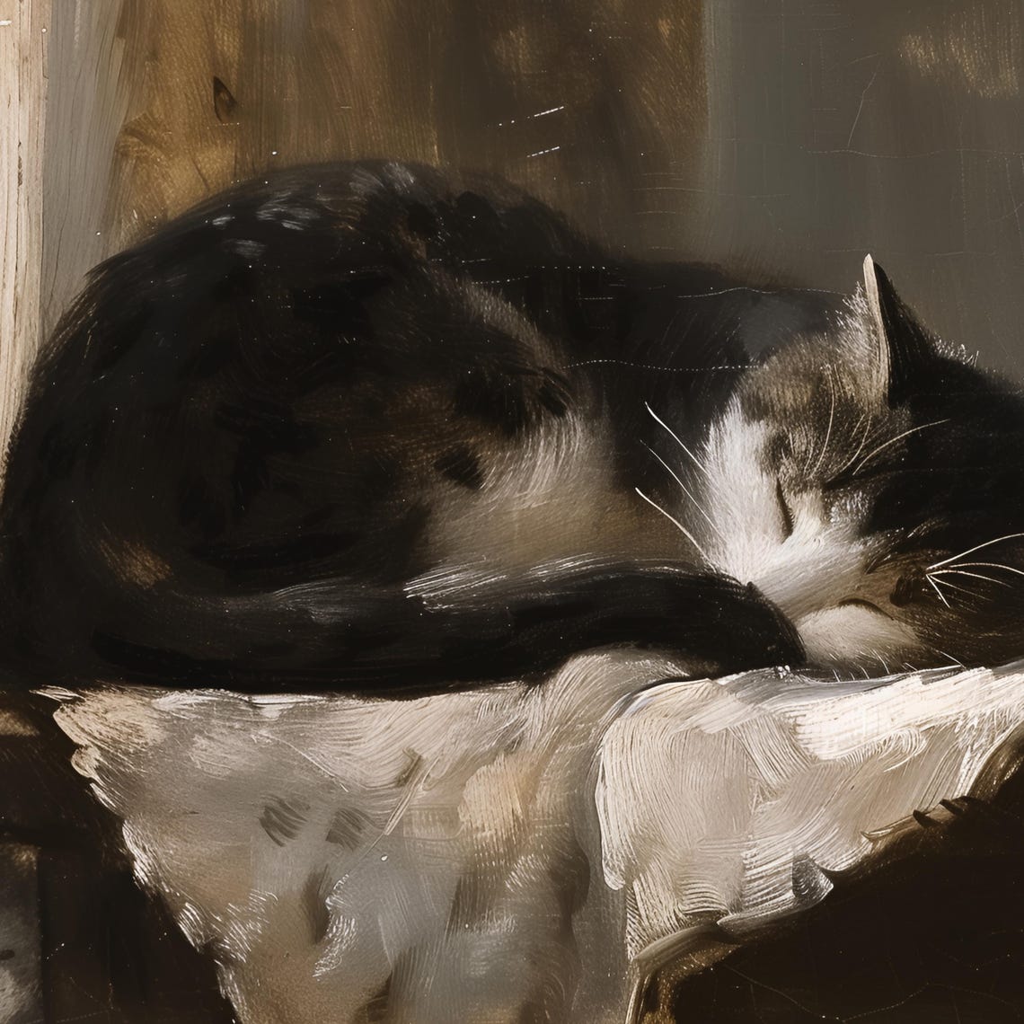 Sleeping Cat Curled Up on a Table in Moody Vintage Oil Painting Poster - Image 2