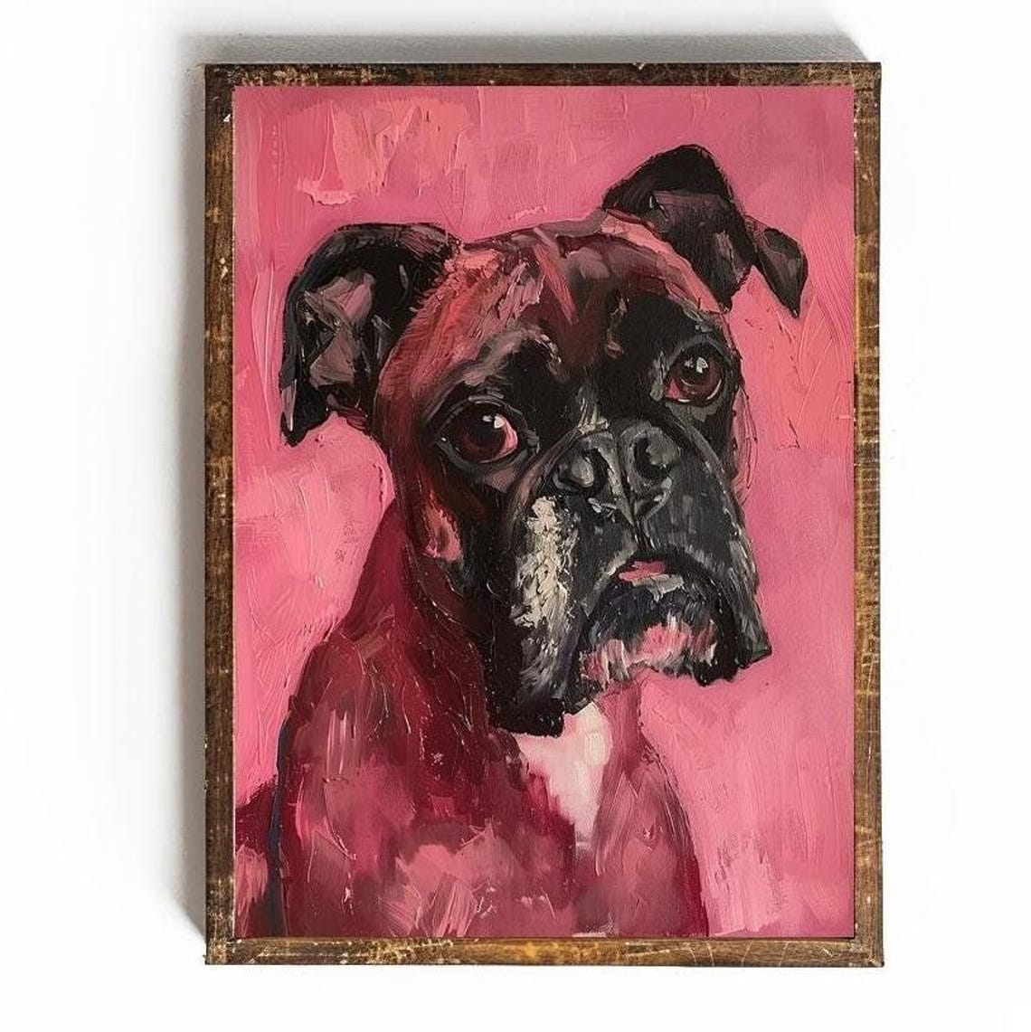 Expressive Boxer Dog Portrait On Pink Background Vintage Style Poster