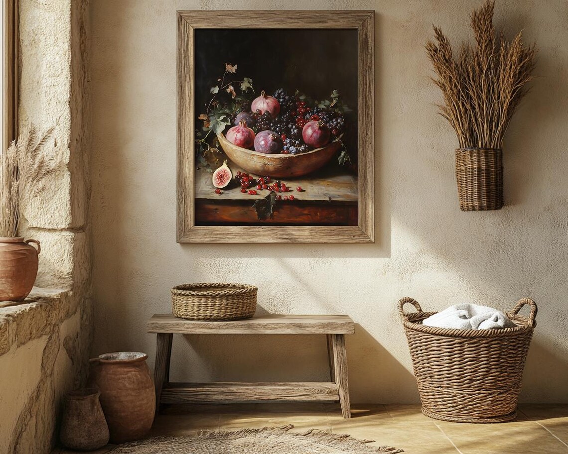 Wooden Bowl of Pomegranates Grapes and Figs Moody Still Life Poster - Image 3
