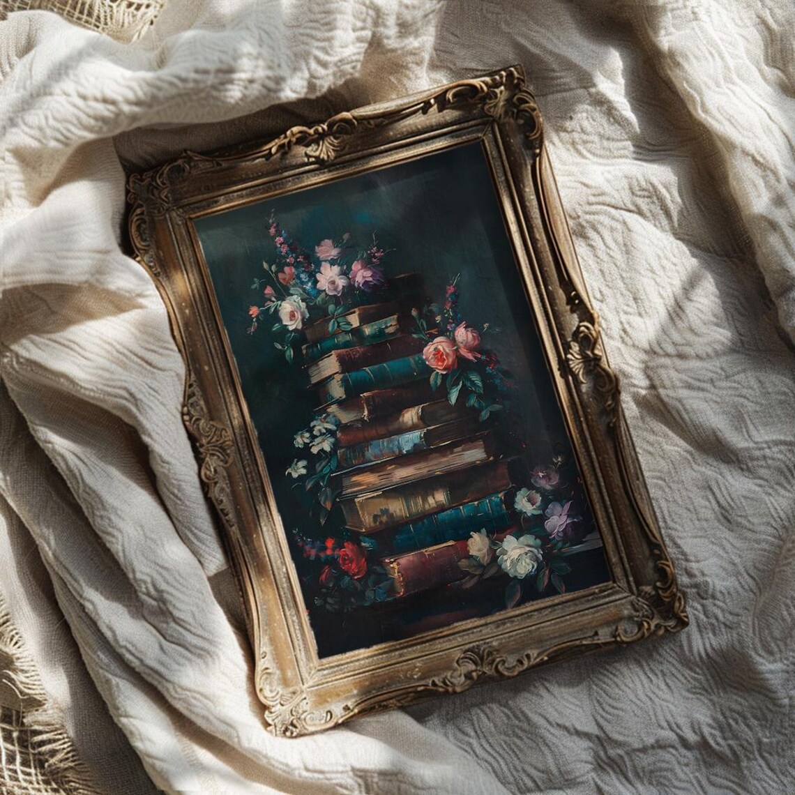 Stack of Vintage Books with Pink and White Flowers Art Poster - Image 3