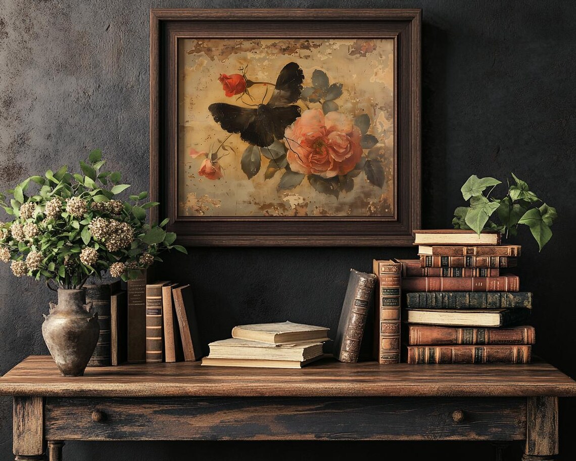 Black Moth on Peach Roses Vintage Crackled Botanical Art Poster - Image 3
