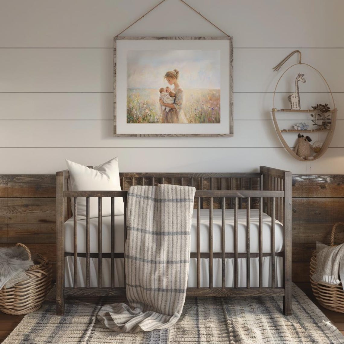 Mother Holding Three Babies Wildflower Field Triplets Art Poster - Image 2