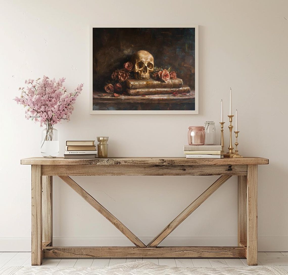 Human Skull On Vintage Books With Roses Gothic Still Life Print - Image 3