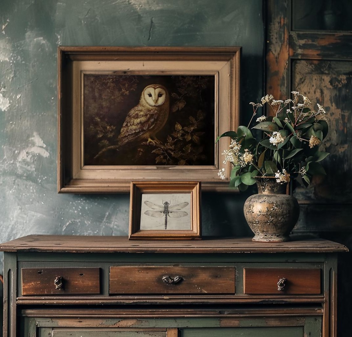Barn Owl Perched On Night Branch Dark Moody Painting Wall Poster - Image 2