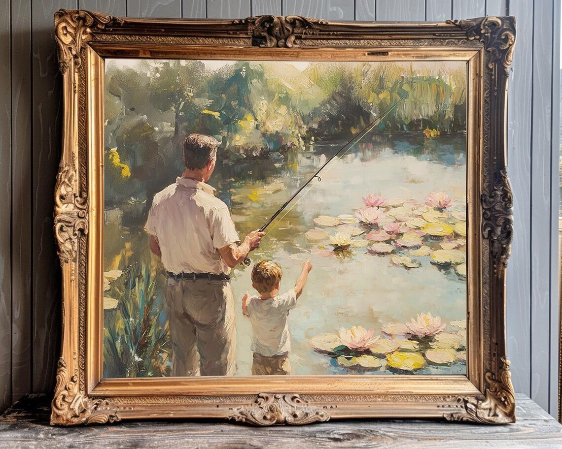 Father and Son Fishing Together on the Sunny Lily Pond Poster - Image 3