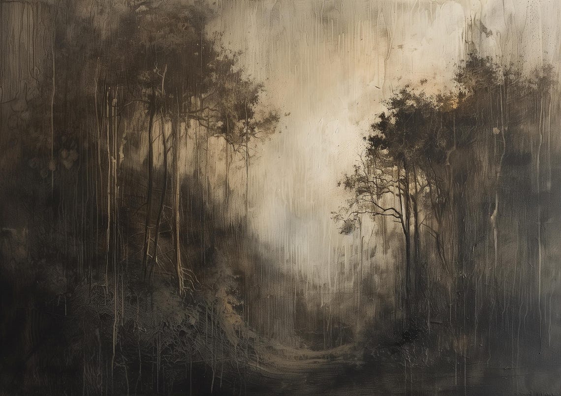 Moody Dark Forest Path in Sepia Rainy Vintage Landscape Poster - Image 2