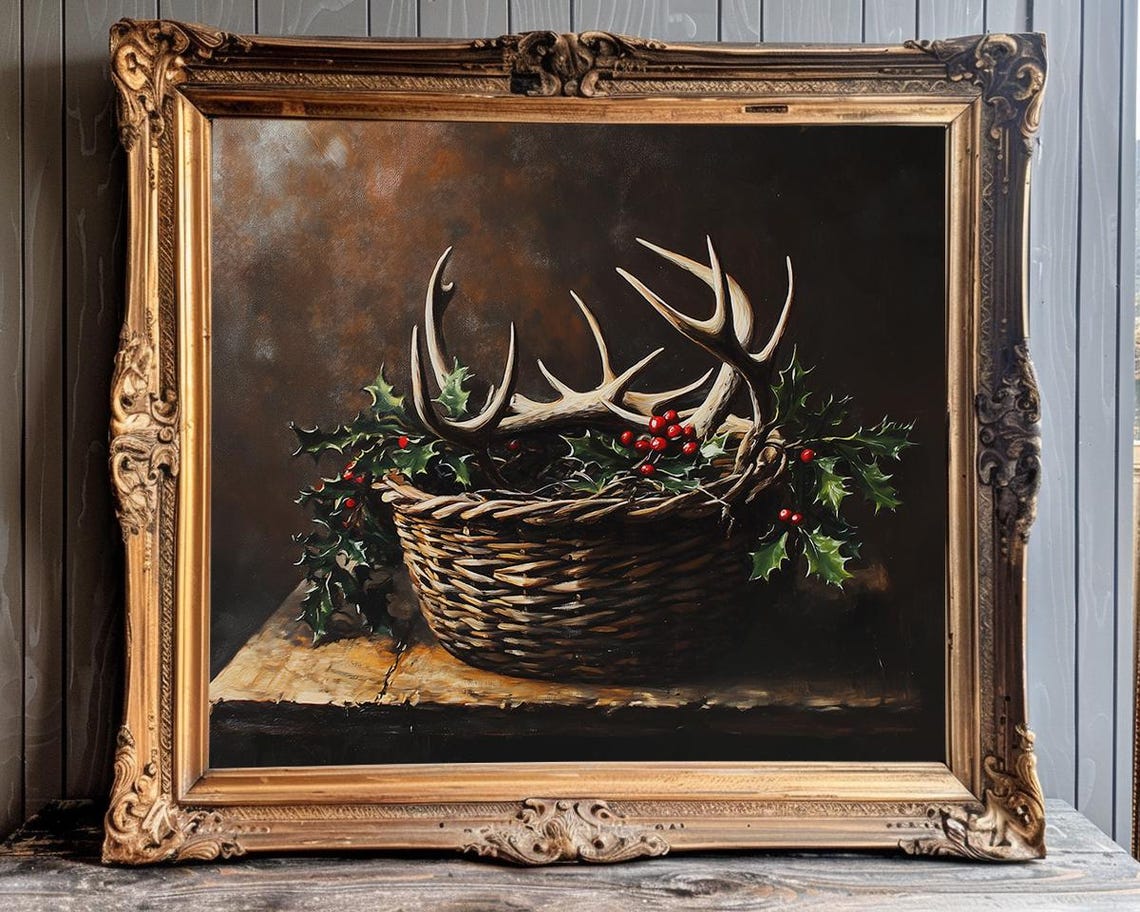 Rustic Wicker Basket with Deer Antlers and Holly Berries Poster - Image 2