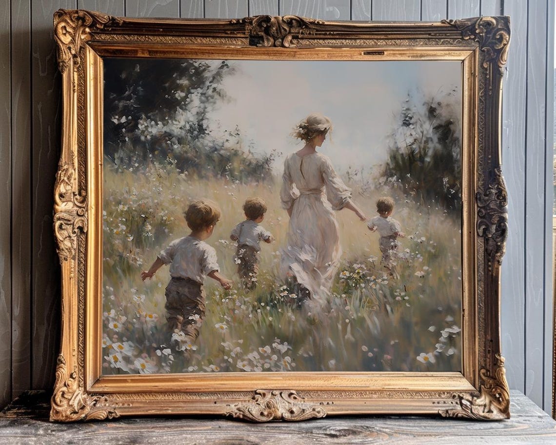Mother Walking With Three Boys Through Wildflower Field Poster