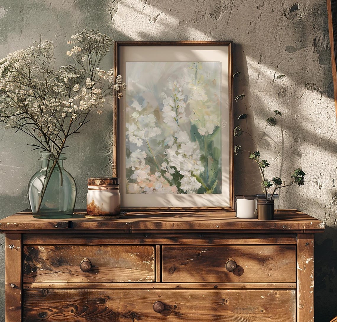 Soft White Spring Blossoms in Muted Floral Oil Painting Poster - Image 2